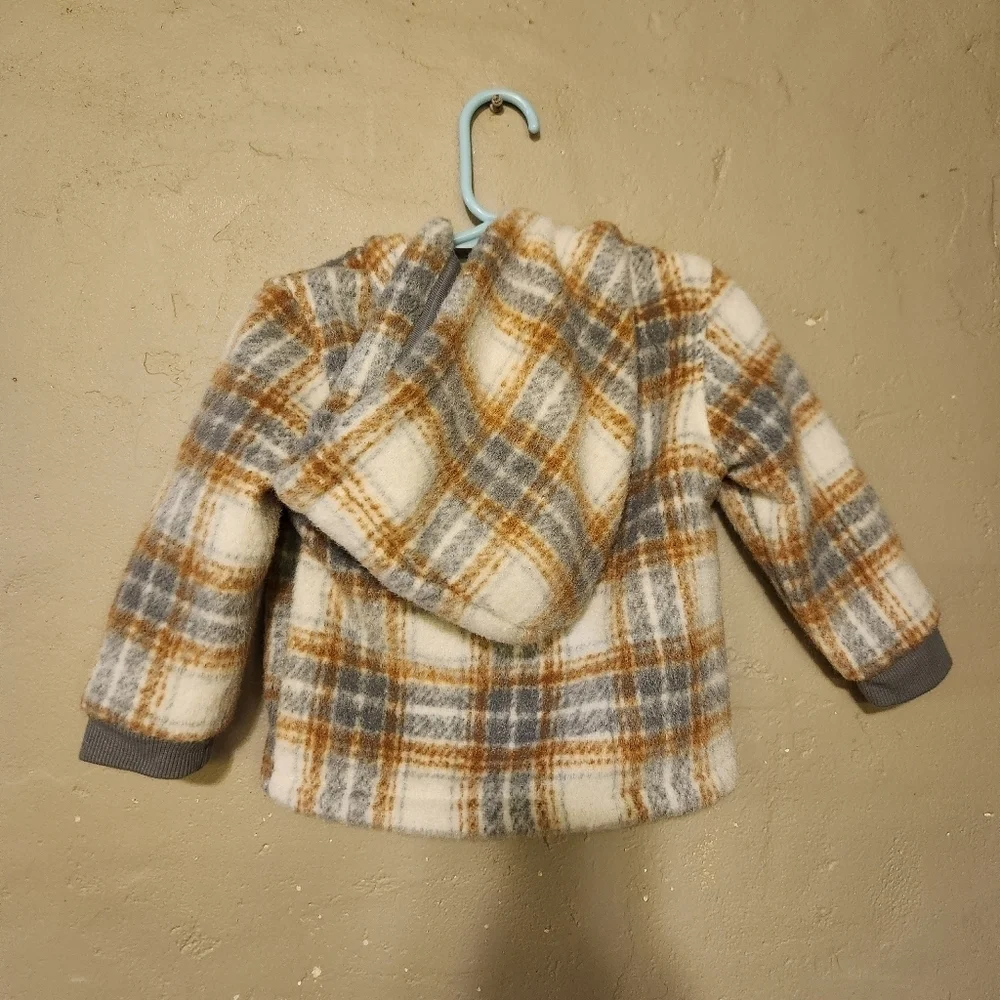 Baby B'Gosh Jacket 18 Months Hooded Plaid Fleece Flannel Button Tan Blue Cream